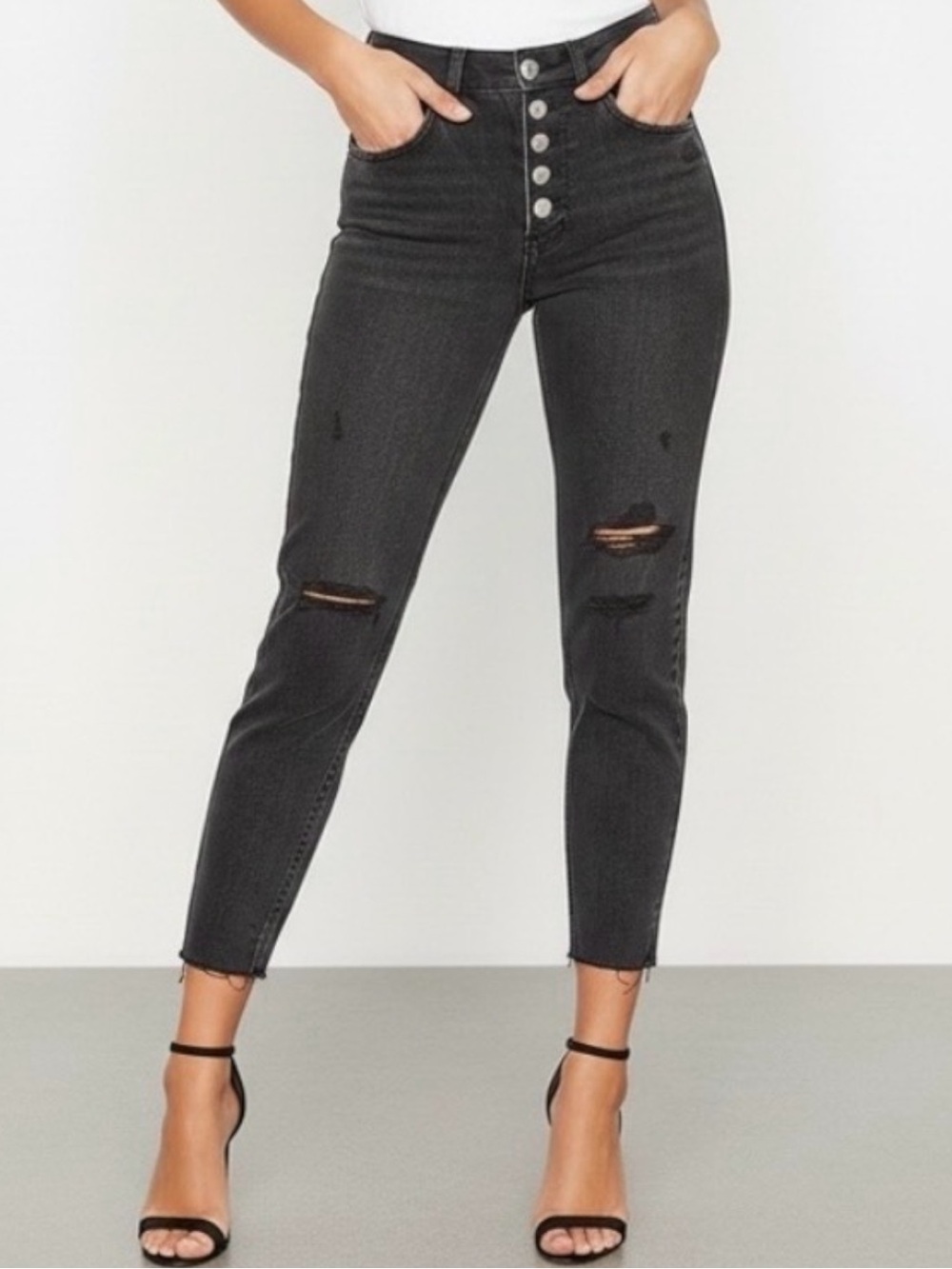 Free People We The Free Black High Rise Skinny Jeans Raw Hem Distressed Size 31
